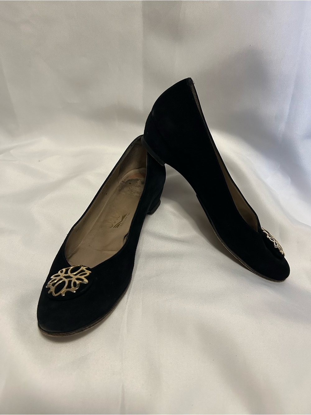 Salvatore Ferragamo Black Suede Flats with Gold Emblem